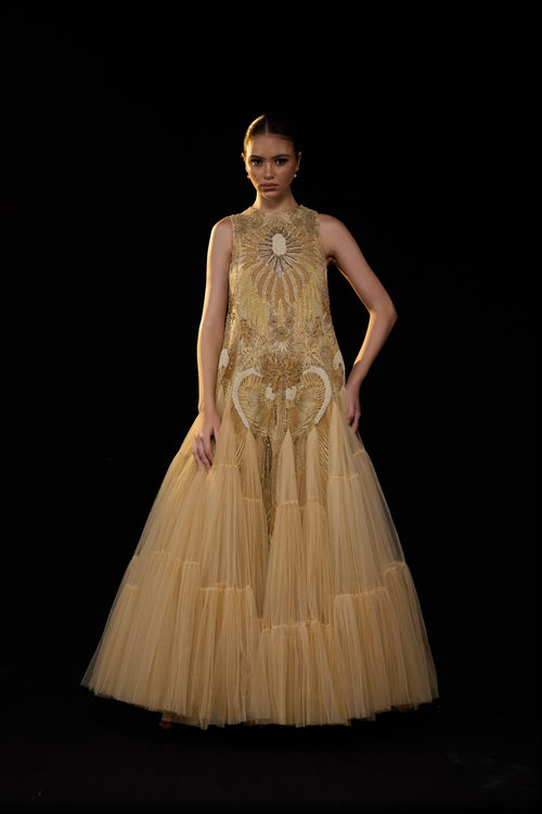 Beige Sleeveless Tulle Gown With Intricate Golden Embellishment