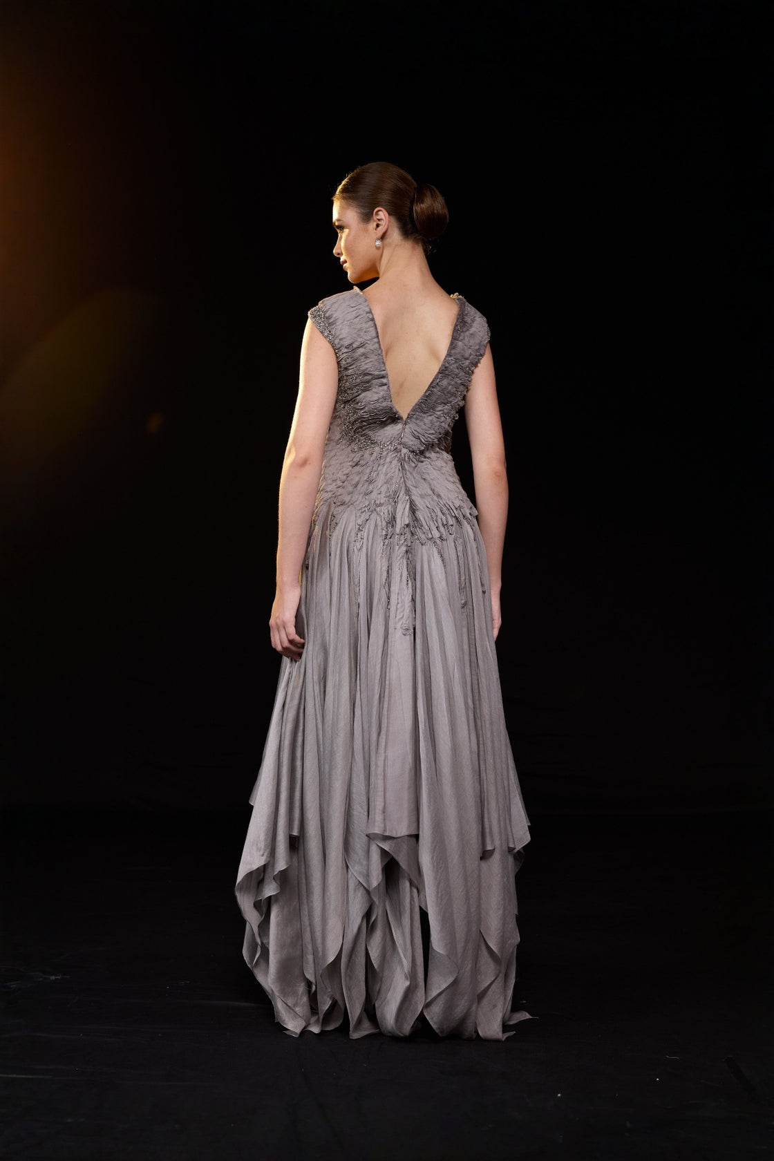 Grey Draped Gown With A Deep V-Necline And Gathered Waist