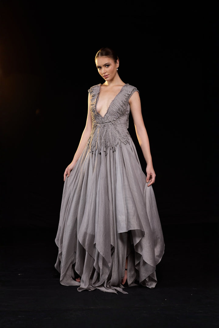Grey Draped Gown With A Deep V-Necline And Gathered Waist