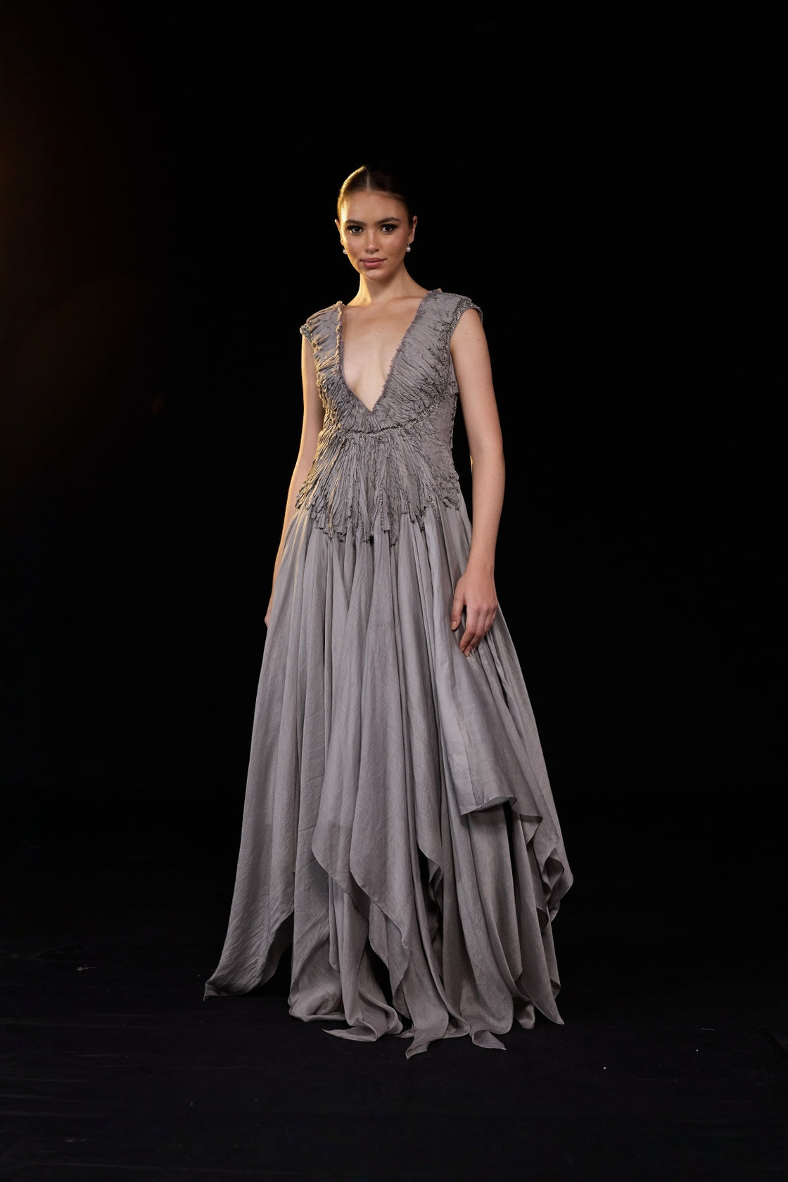 Grey Draped Gown With A Deep V-Necline And Gathered Waist