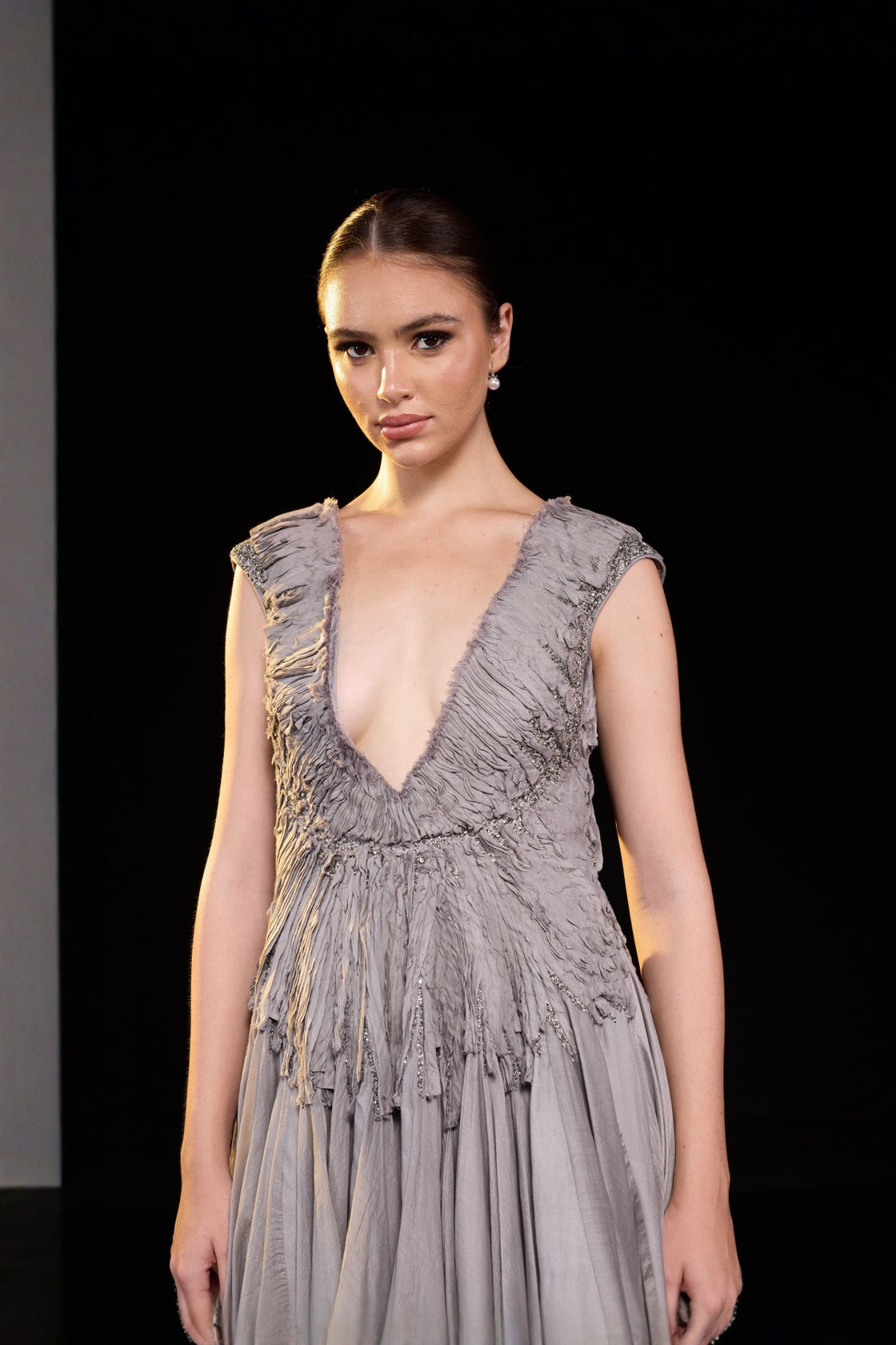 Grey Draped Gown With A Deep V-Necline And Gathered Waist