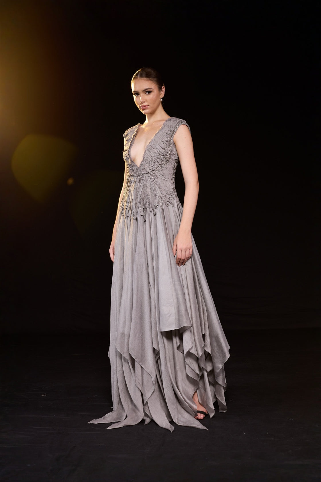 Grey Draped Gown With A Deep V-Necline And Gathered Waist