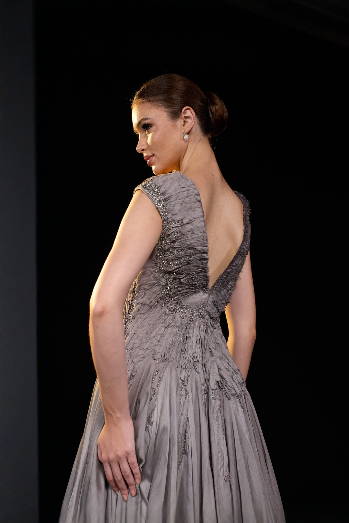 Grey Draped Gown With A Deep V-Necline And Gathered Waist