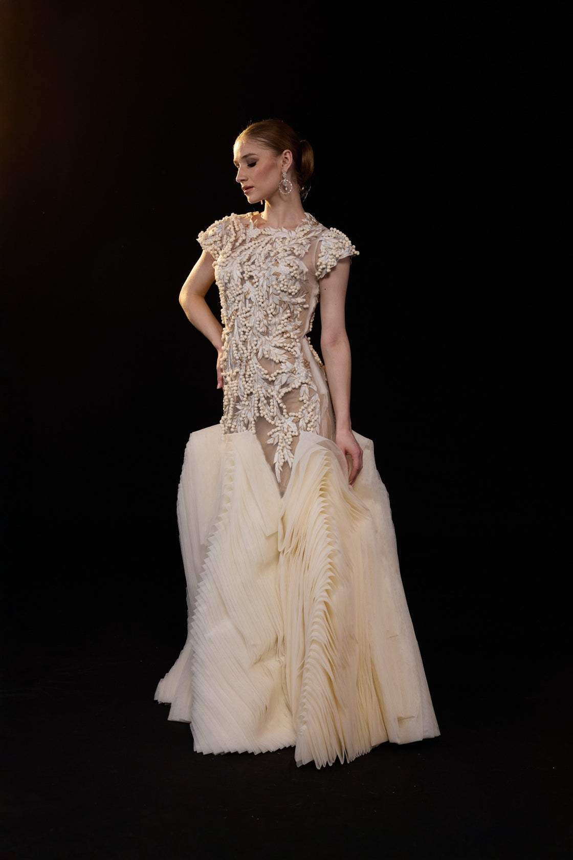 Ivory Embellished Gown With A Floral Applique Bodice , Sheer Detailing And Dramatic Pleats