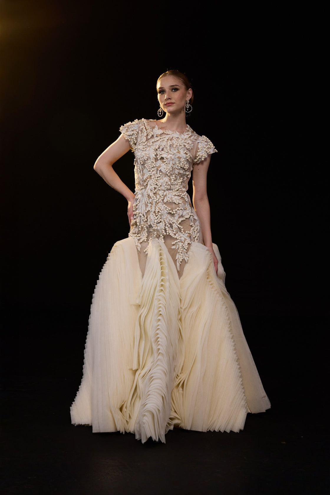 Ivory Embellished Gown With A Floral Applique Bodice , Sheer Detailing And Dramatic Pleats