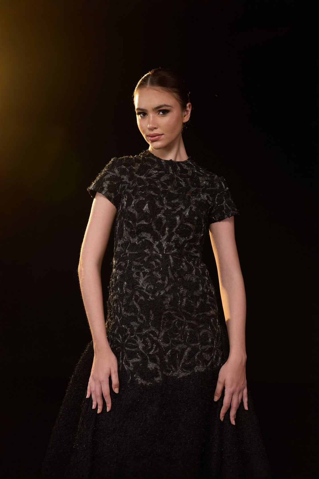 Black Textured Gown With Classic Round Neckline And Voluminous Flared Hem. Intricate Tonal Embellishments
