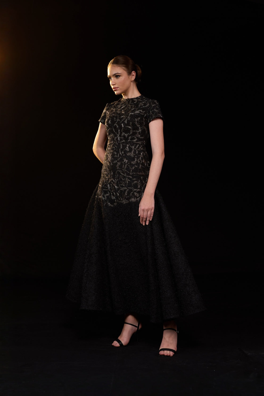 Black Textured Gown With Classic Round Neckline And Voluminous Flared Hem. Intricate Tonal Embellishments