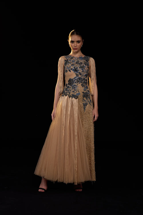 Beige Gown Adorned With Intricate Blue Floral Embroidery And Dramatic Fringe Sleeves
