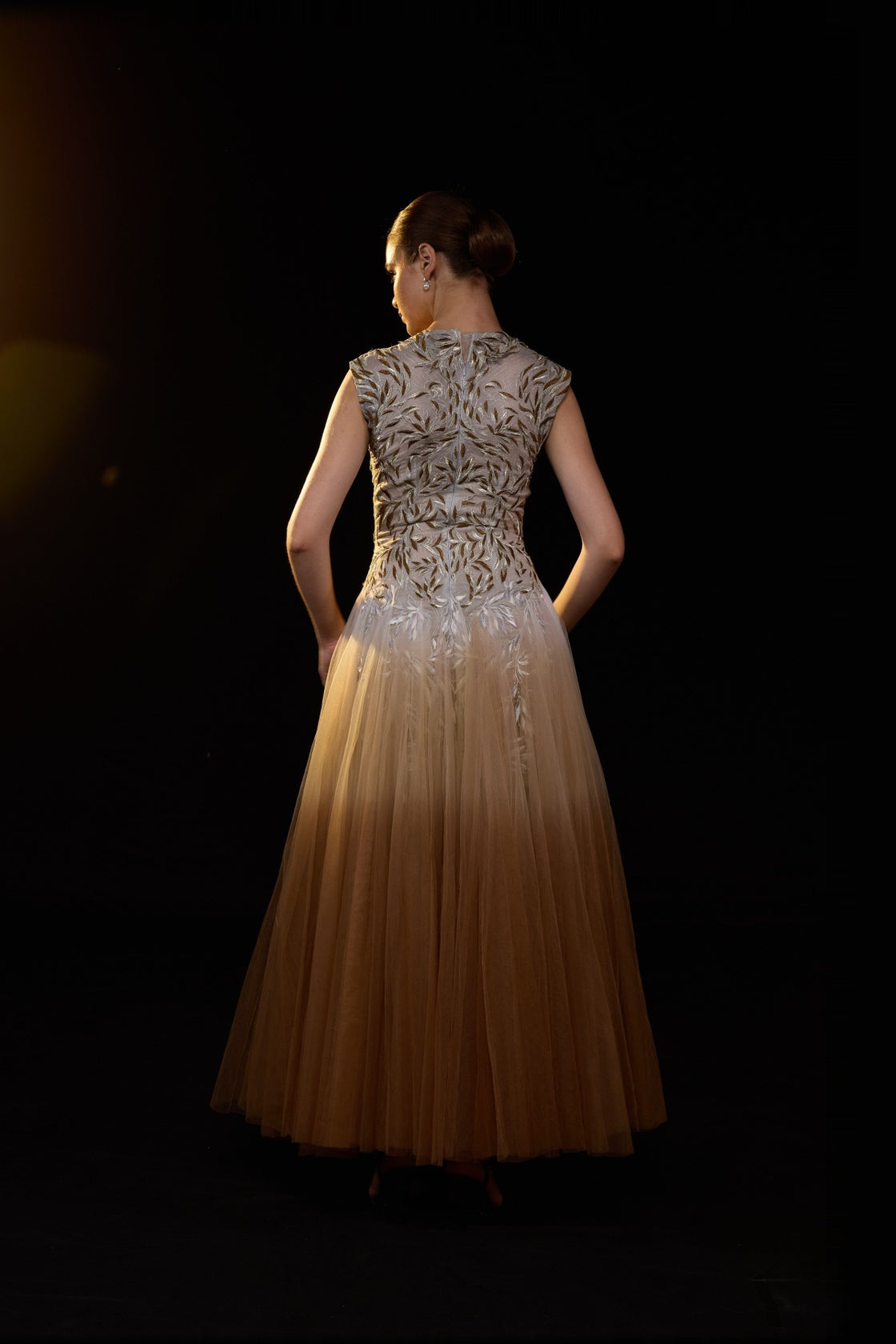Beige Tulle Gown Featuring Intricate Gold And Silver Embroidery