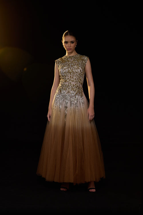 Beige Tulle Gown Featuring Intricate Gold And Silver Embroidery