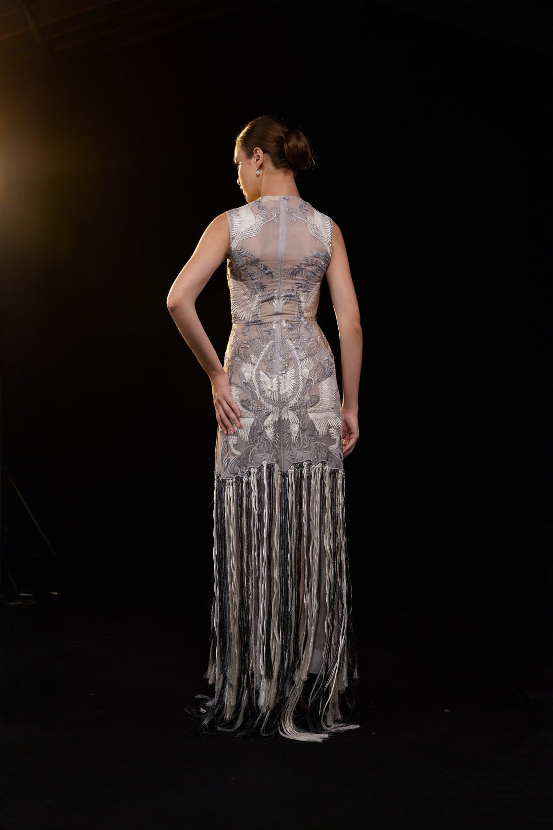 Grey Dress With Intricate Embroidery And Dramatic Fringe Hem Detailing