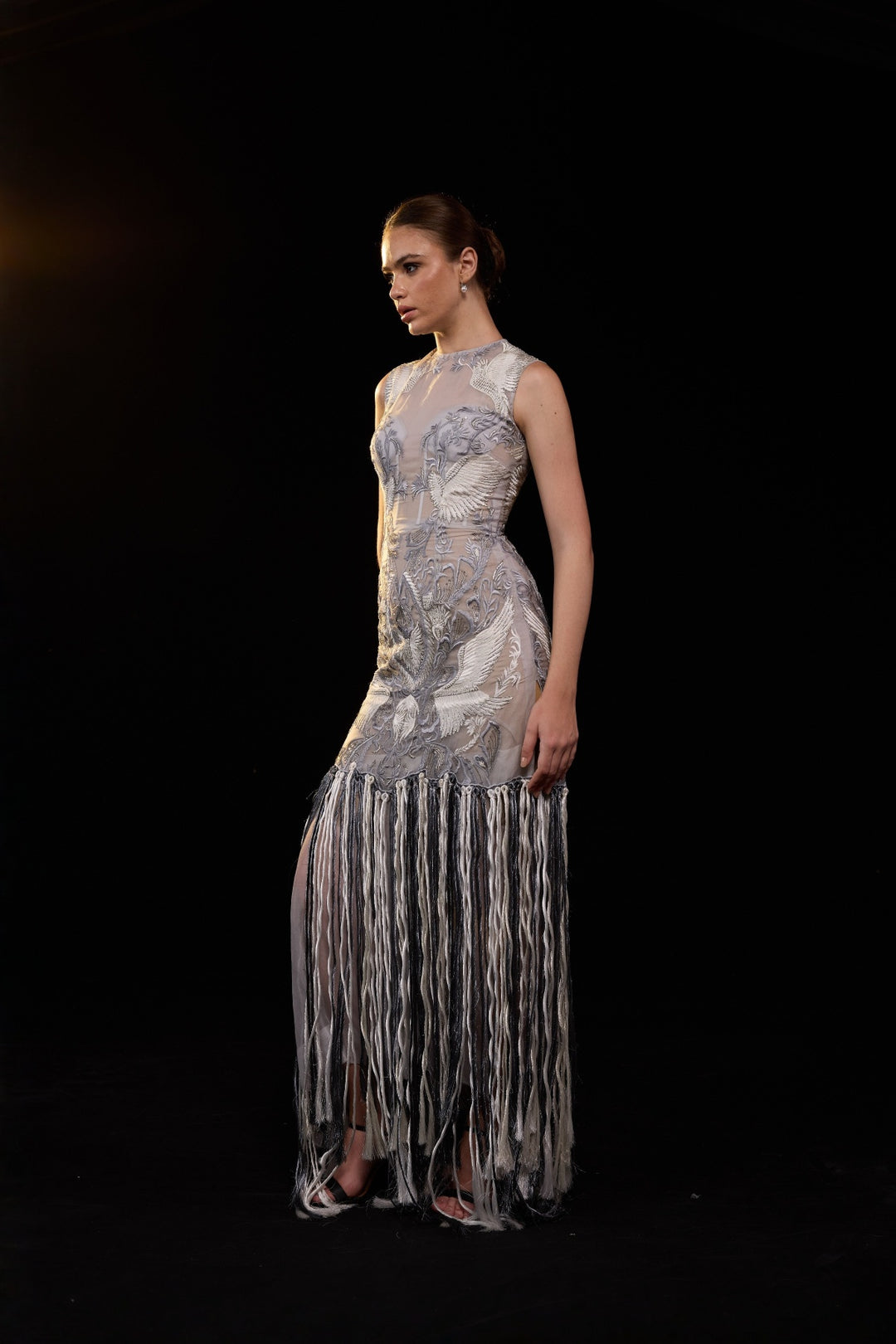 Grey Dress With Intricate Embroidery And Dramatic Fringe Hem Detailing
