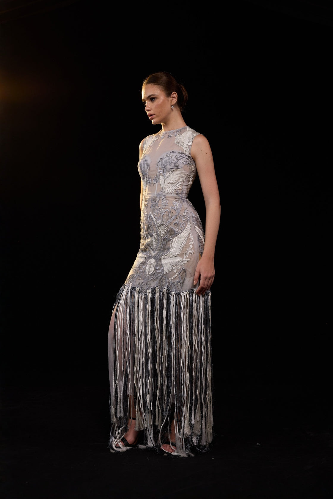 Grey Dress With Intricate Embroidery And Dramatic Fringe Hem Detailing