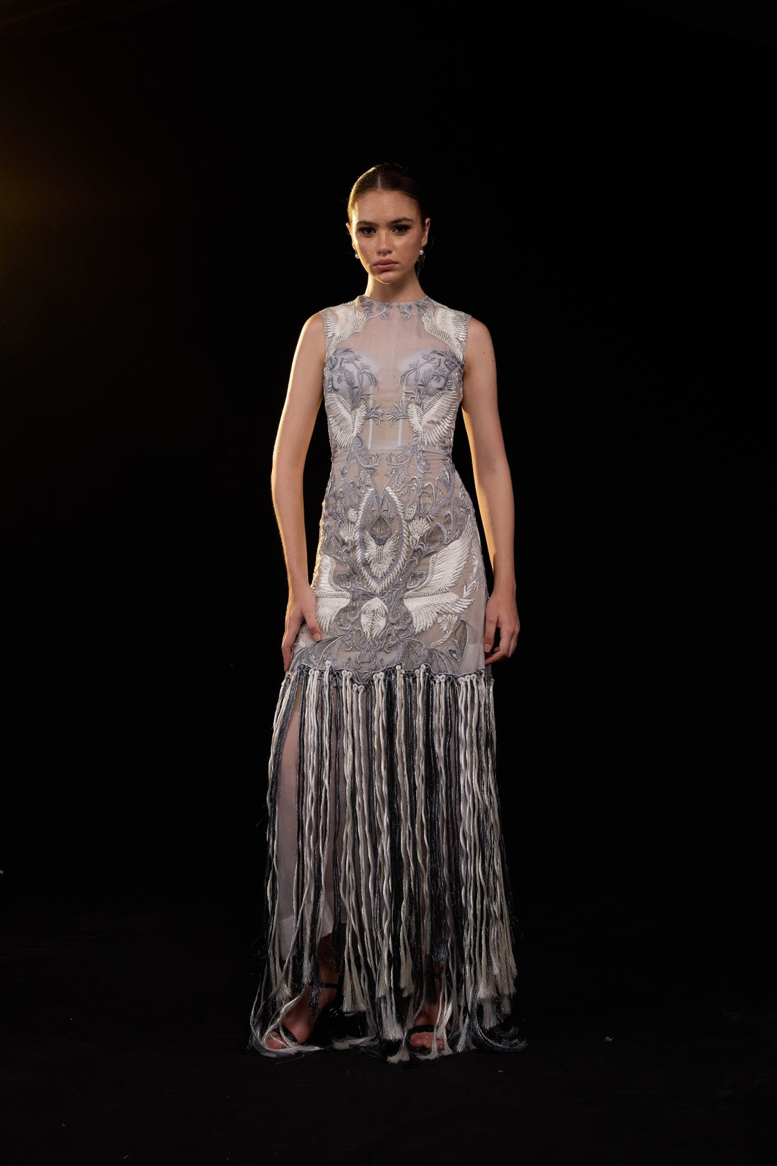 Grey Dress With Intricate Embroidery And Dramatic Fringe Hem Detailing