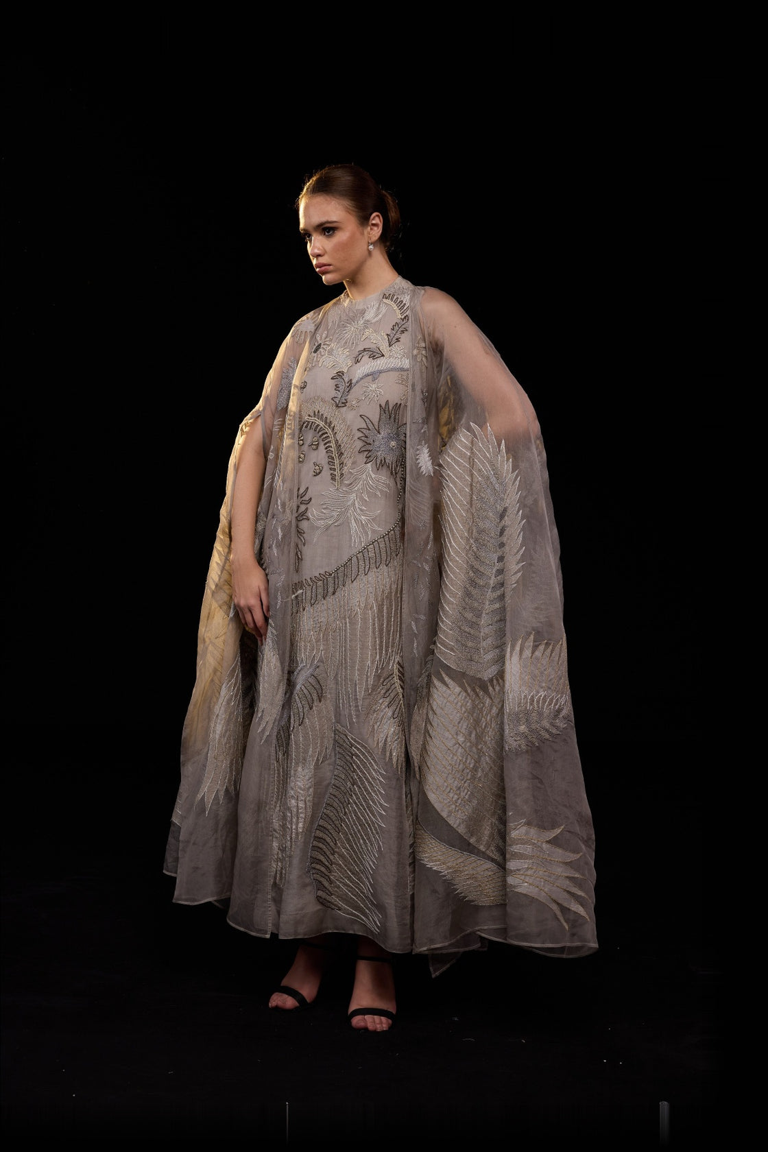 Grey High-Neck Botanical Embroidered Dress Paired With Cape Over It