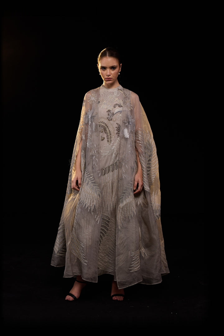 Grey High-Neck Botanical Embroidered Dress Paired With Cape Over It
