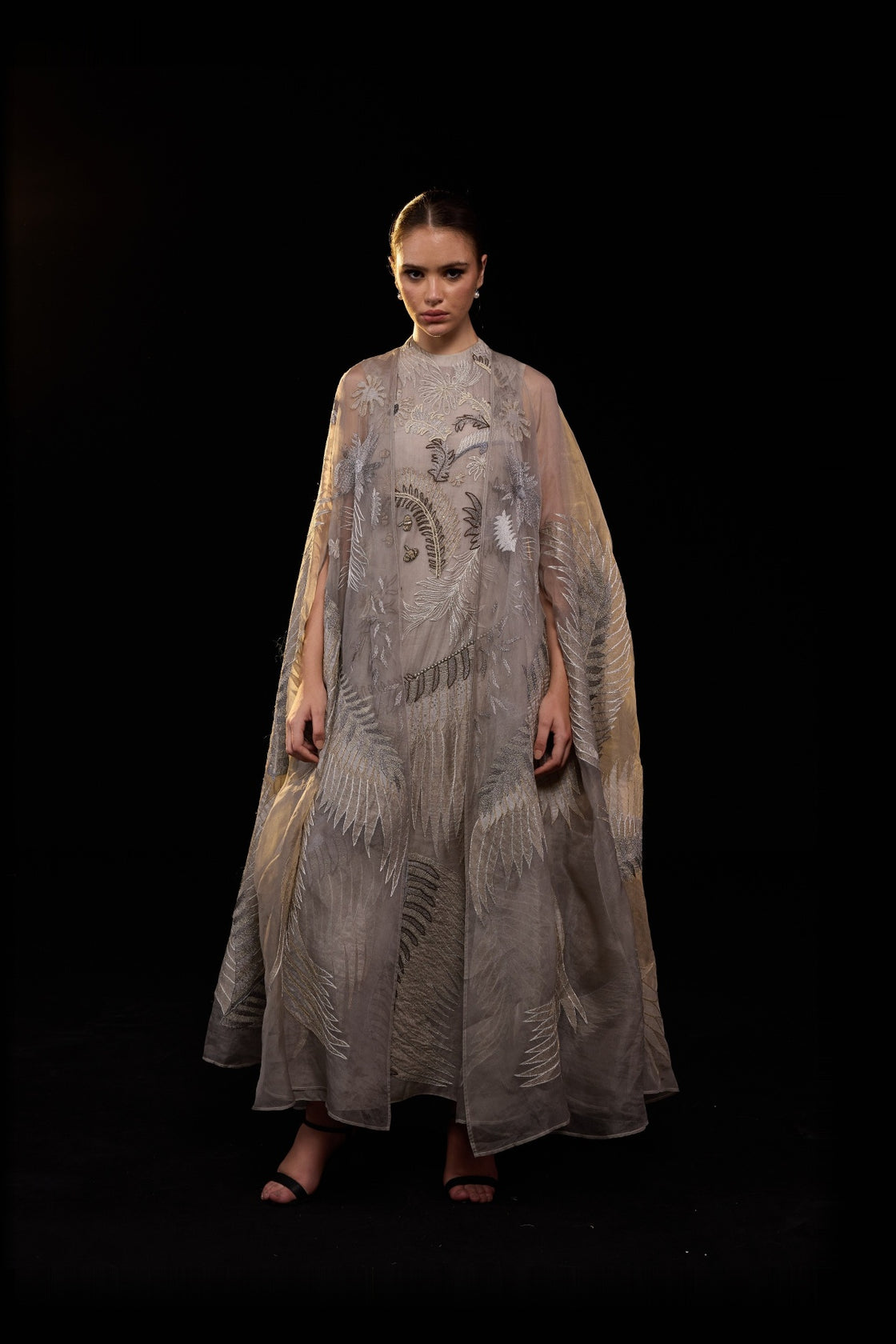Grey High-Neck Botanical Embroidered Dress Paired With Cape Over It