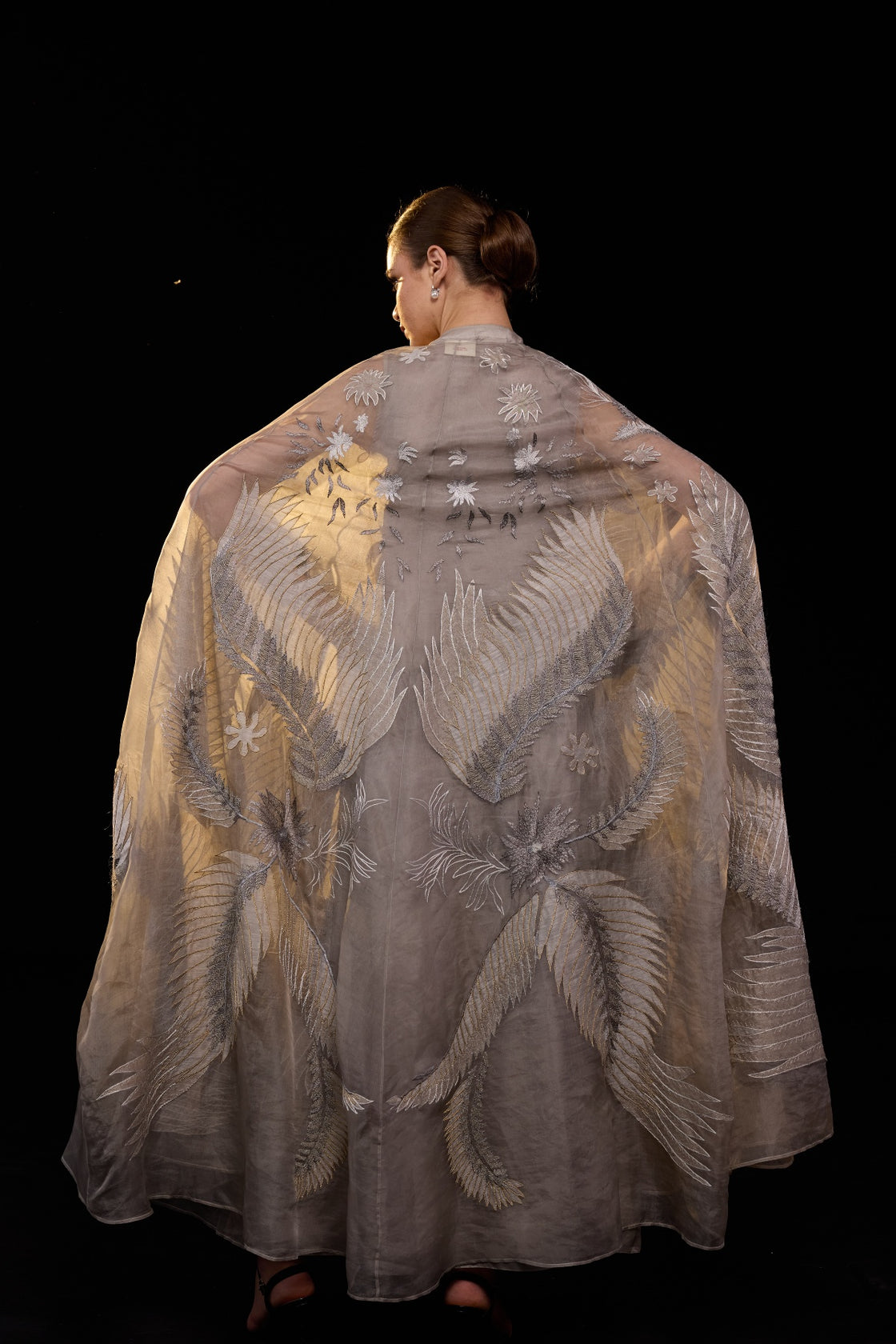 Grey High-Neck Botanical Embroidered Dress Paired With Cape Over It