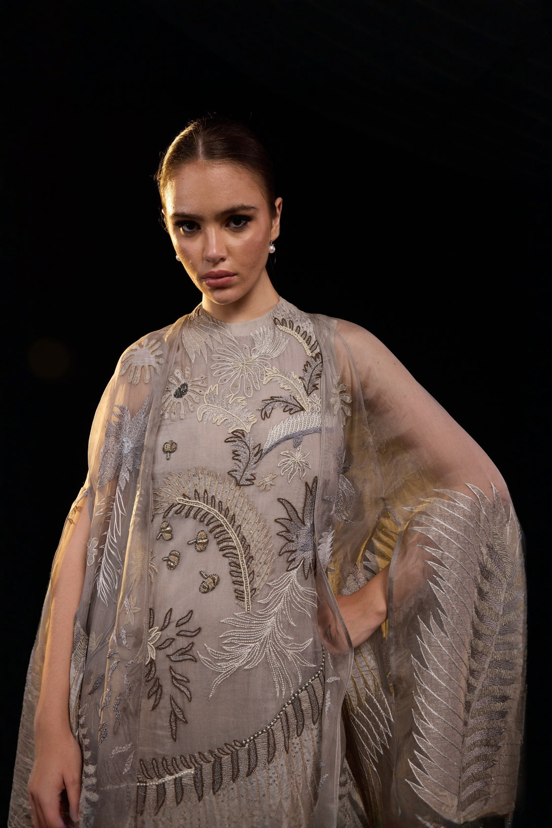 Grey High-Neck Botanical Embroidered Dress Paired With Cape Over It