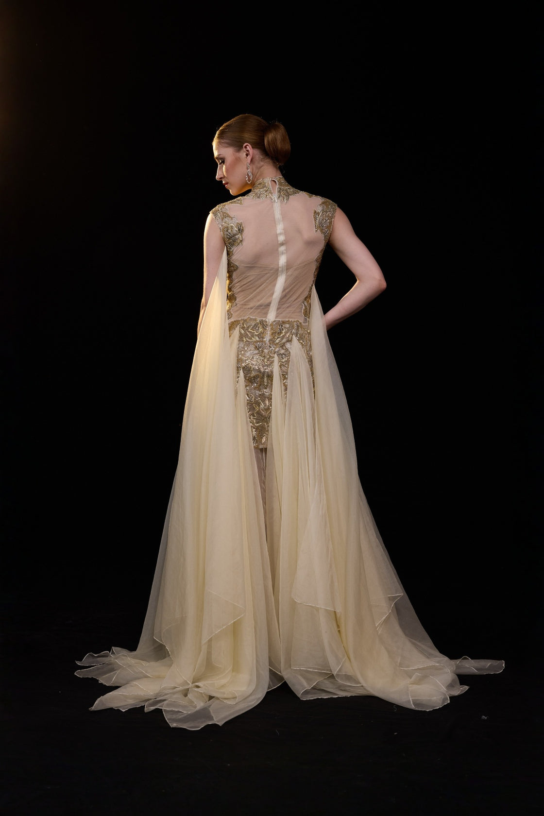 Beige Emebellished Gown With Illusion Neckline And Flowing Layered Drapes. Look Enhanced With A Trail