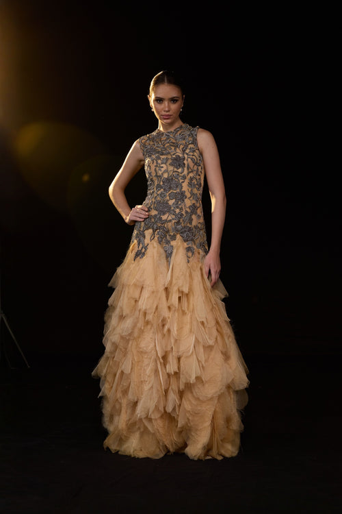 Beige Sleeveless Gown With Floral Allique Detailing And Voluminous Layered Tulle