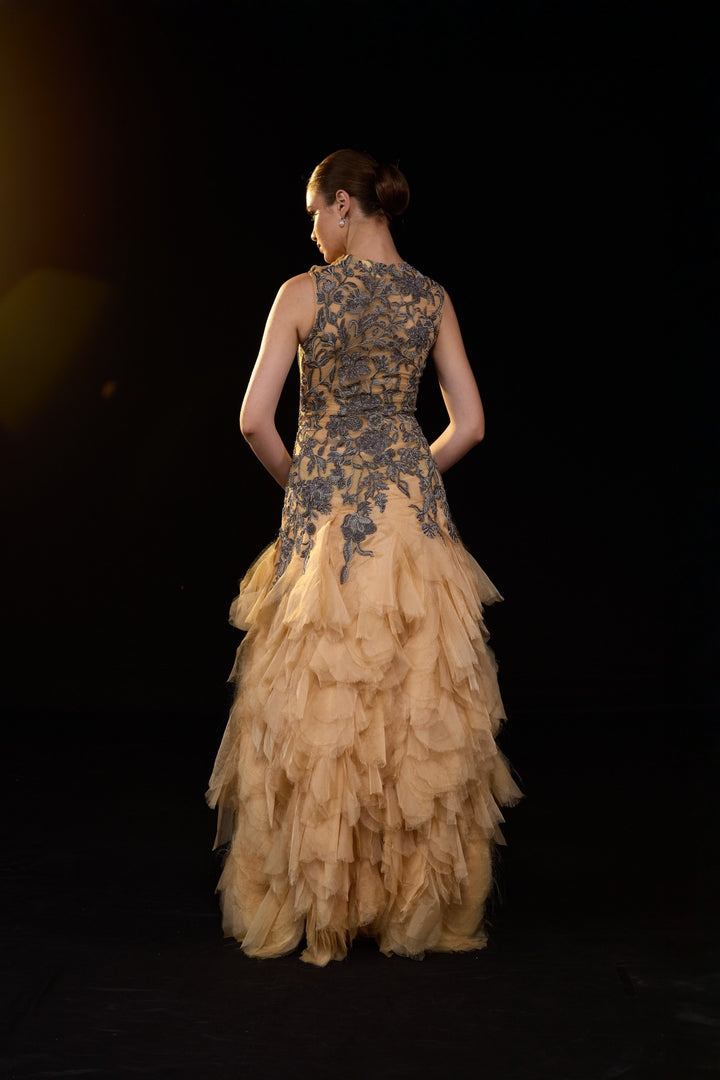 Beige Sleeveless Gown With Floral Allique Detailing And Voluminous Layered Tulle