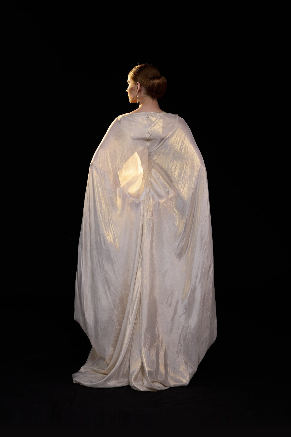 Ivory Draped Gown Embellished With Silver Embroidery And Flowing Draped Sleeves