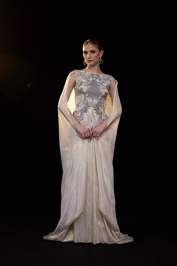Ivory Draped Gown Embellished With Silver Embroidery And Flowing Draped Sleeves