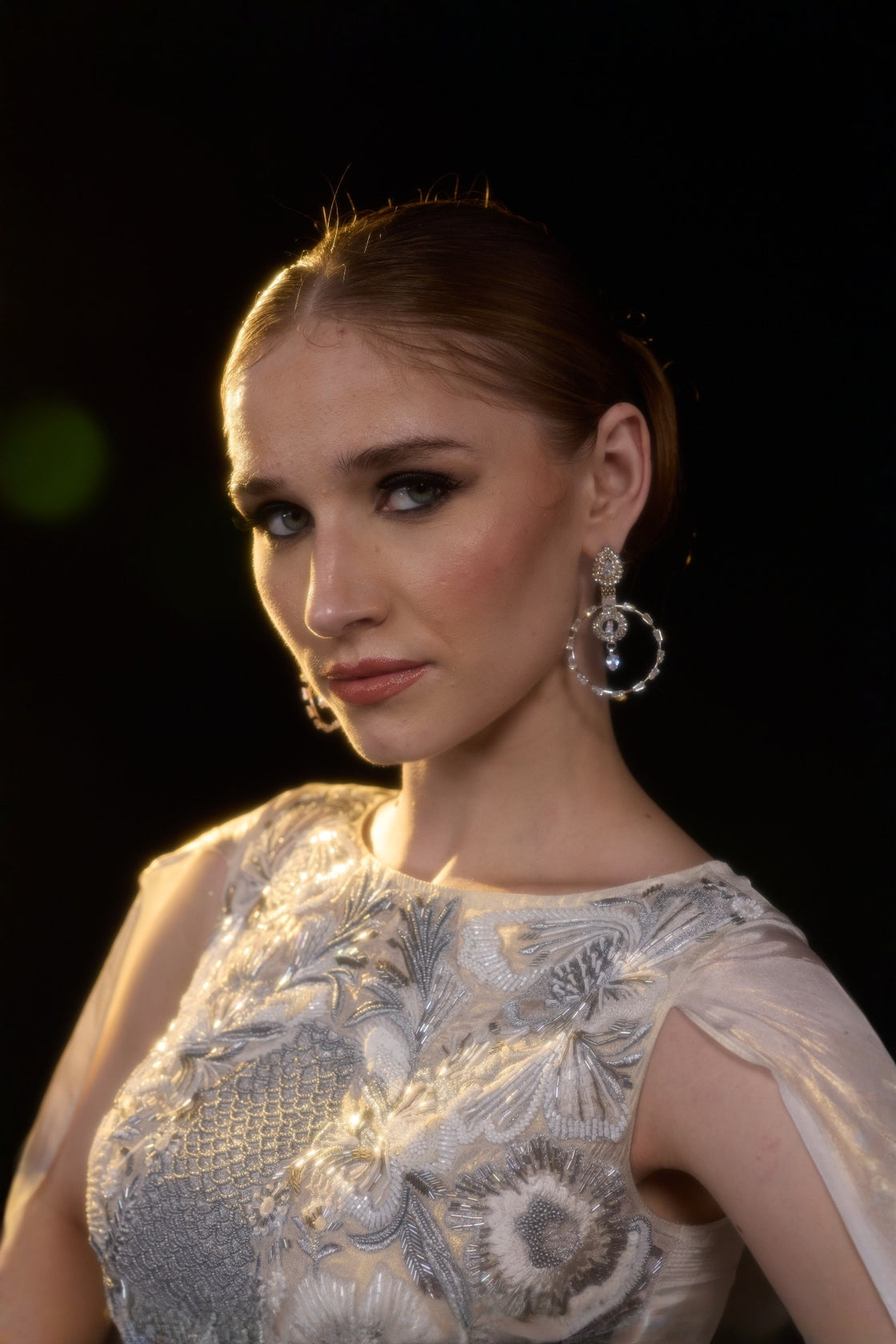 Ivory Draped Gown Embellished With Silver Embroidery And Flowing Draped Sleeves