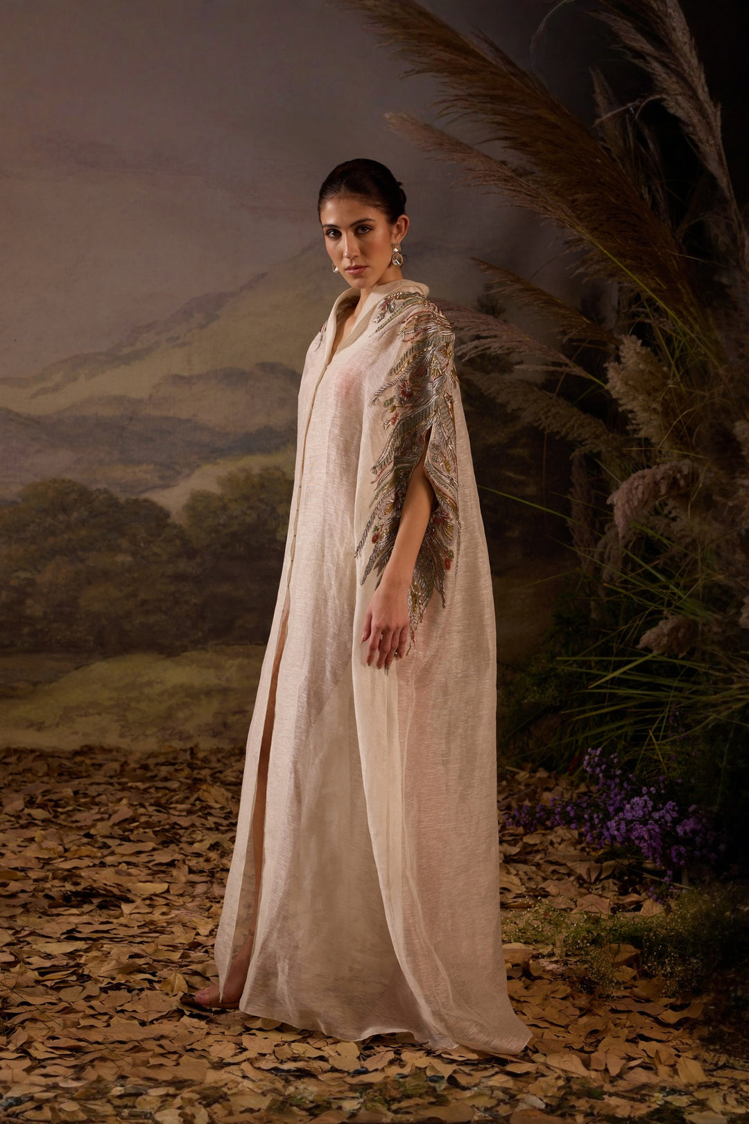 Grey Kaftan Dress With Embellished Shoulders And V-Neckline Having Front-Opening