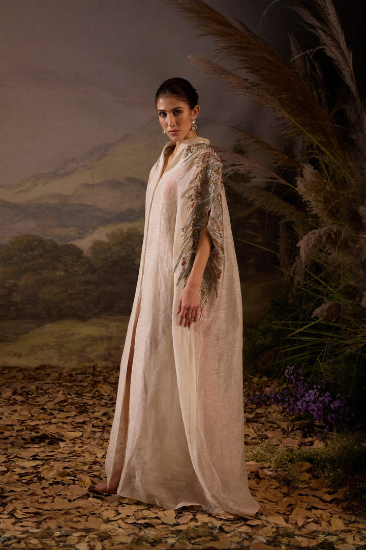 Grey Kaftan Dress With Embellished Shoulders And V-Neckline Having Front-Opening