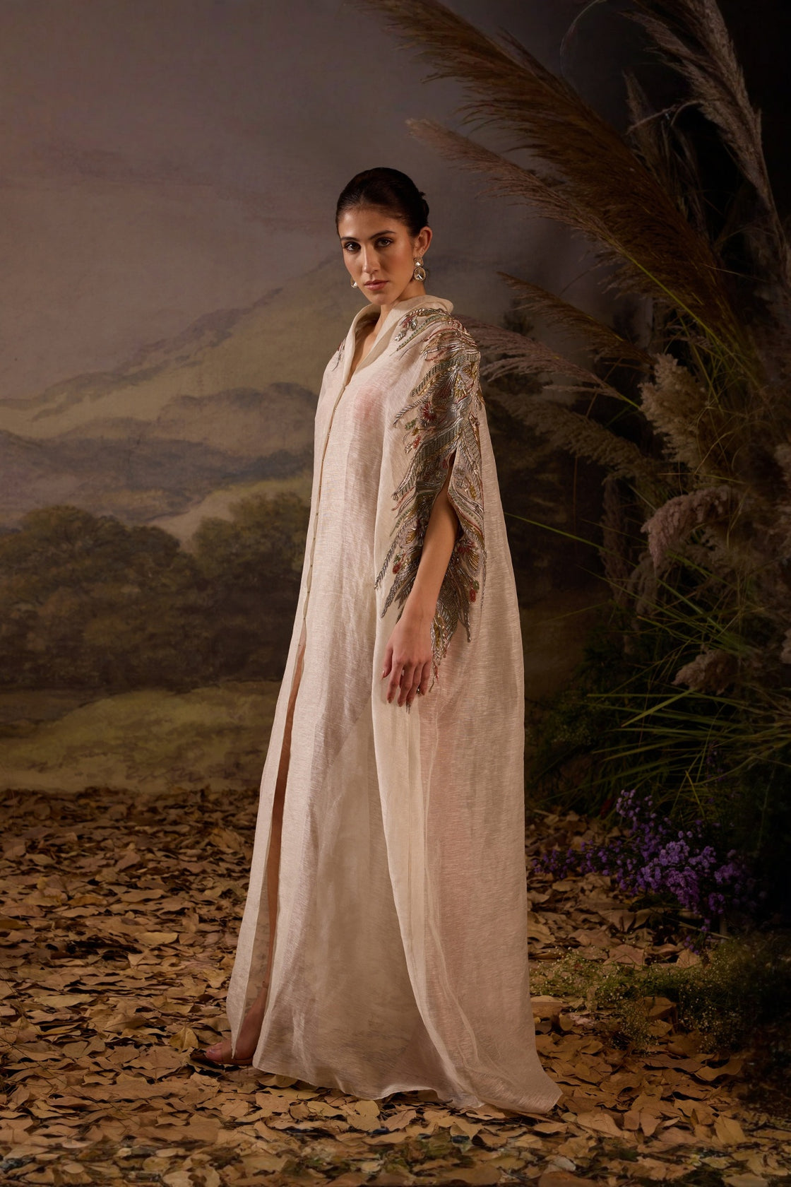 Grey Kaftan Dress With Embellished Shoulders And V-Neckline Having Front-Opening