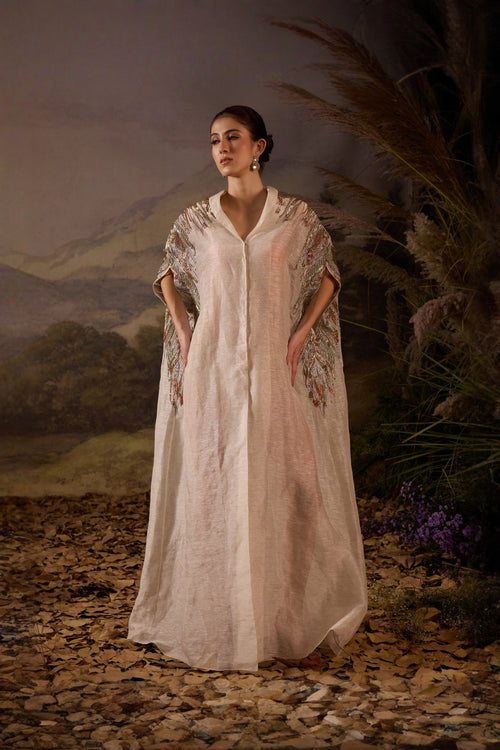 Grey Kaftan Dress With Embellished Shoulders And V-Neckline Having Front-Opening