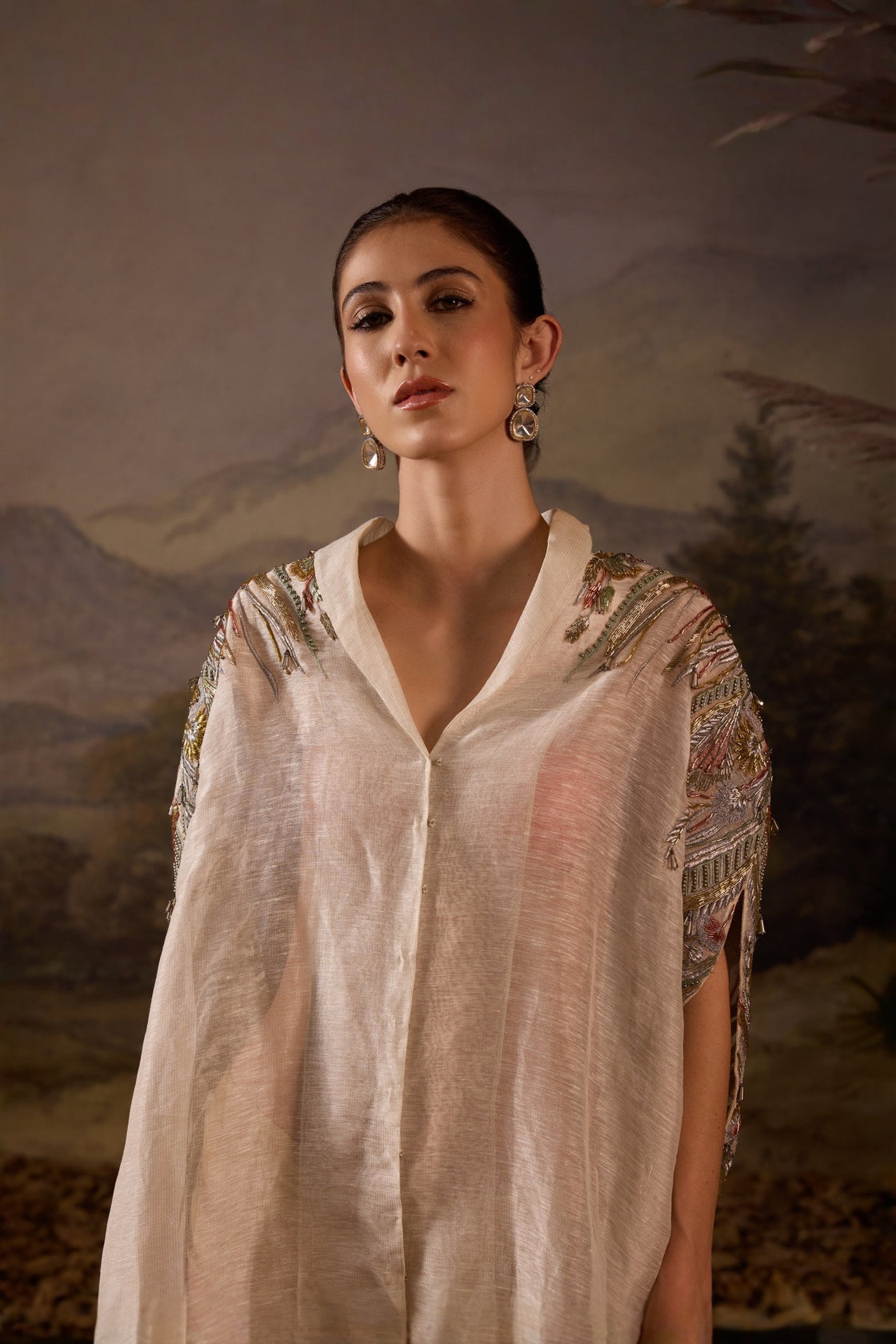 Grey Kaftan Dress With Embellished Shoulders And V-Neckline Having Front-Opening