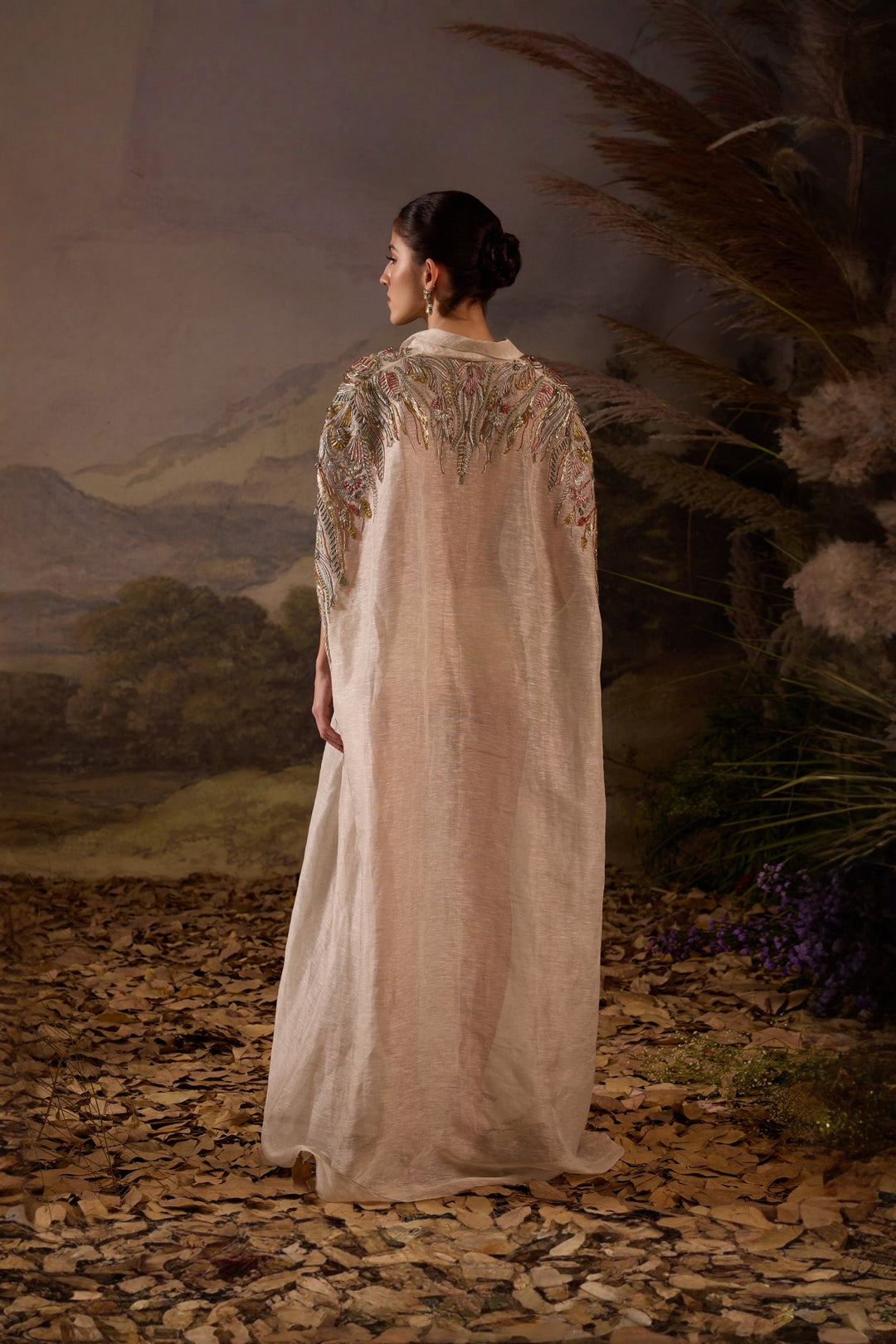 Grey Kaftan Dress With Embellished Shoulders And V-Neckline Having Front-Opening