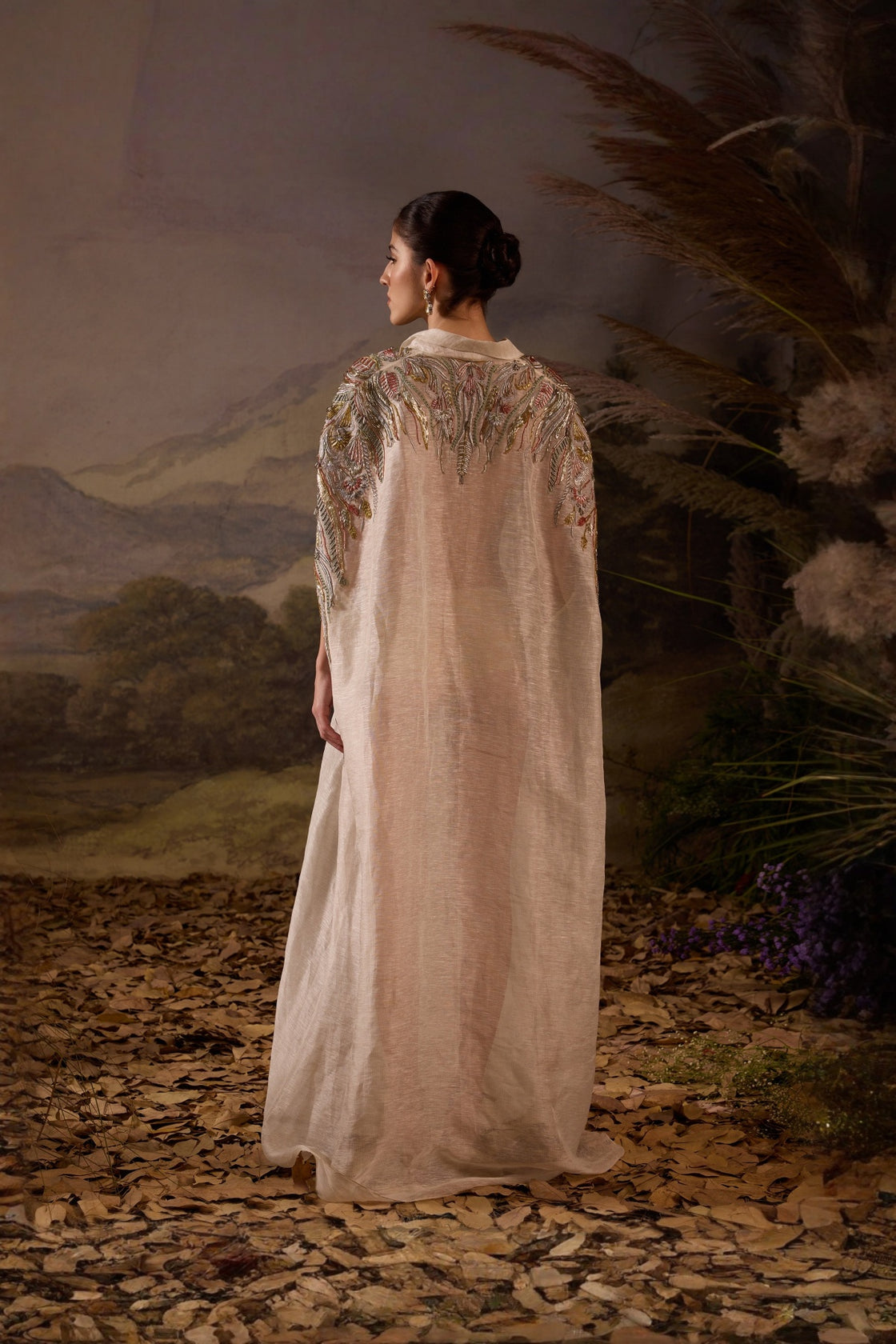 Grey Kaftan Dress With Embellished Shoulders And V-Neckline Having Front-Opening
