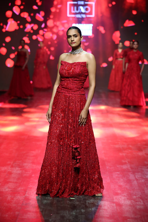 Radiant Red Embroidered Crop Top & Lehenga Set