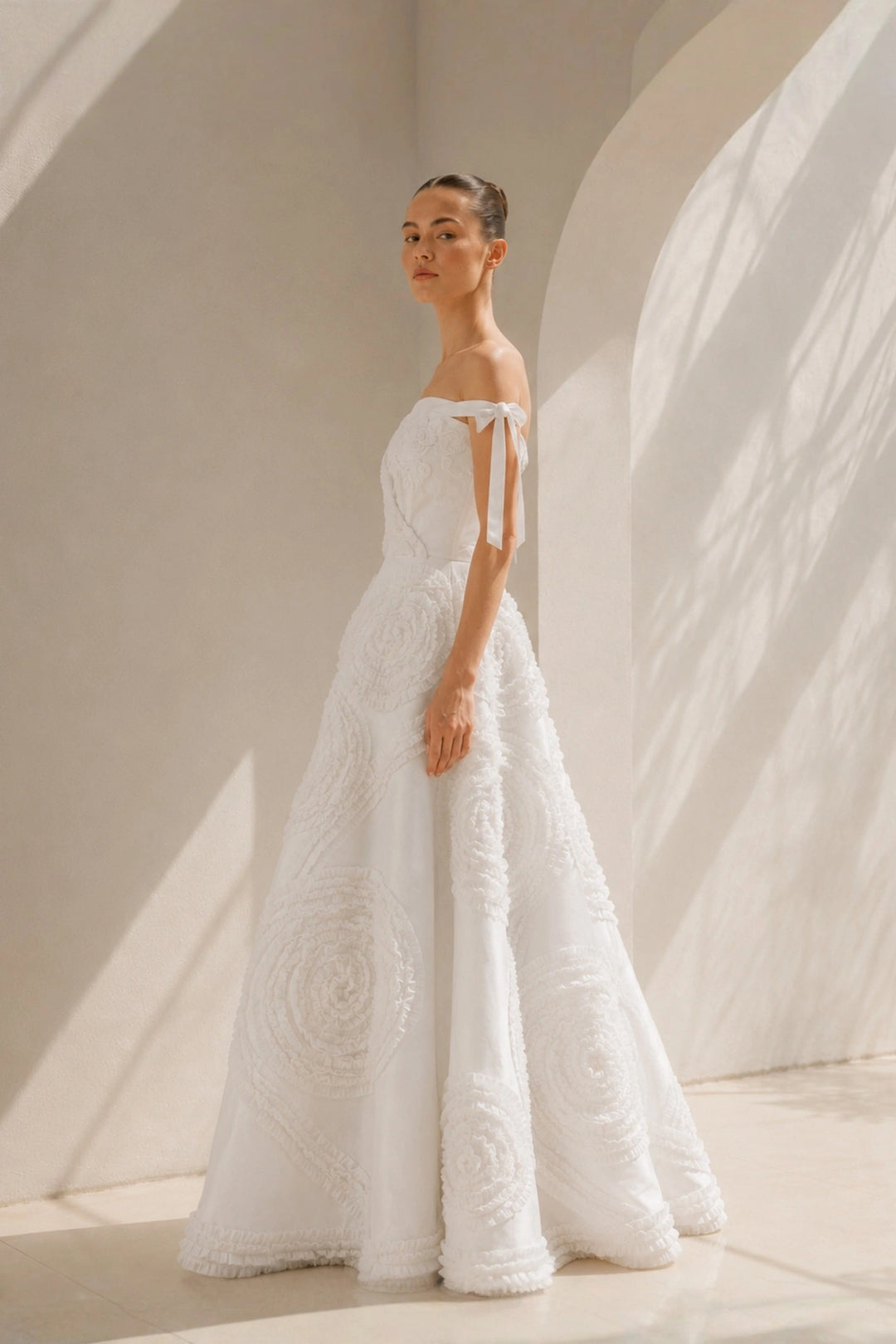 Ivory Off-Shoulder Floral Appliqué Gown