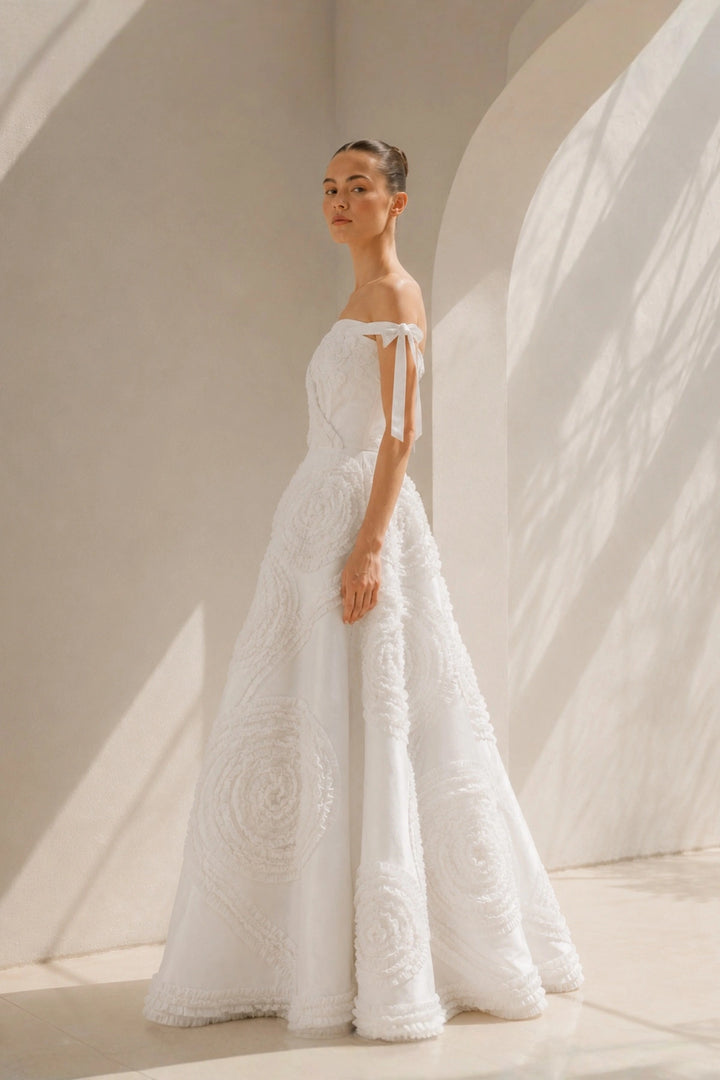 Ivory Off-Shoulder Floral Appliqué Gown