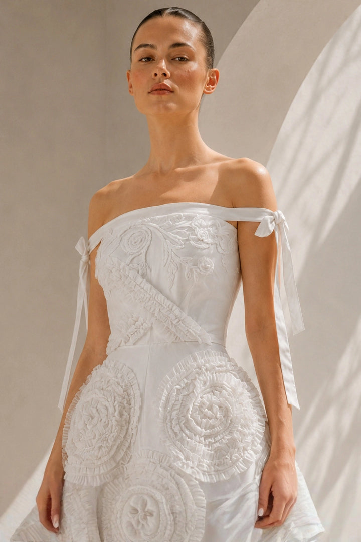 Ivory Off-Shoulder Floral Appliqué Gown