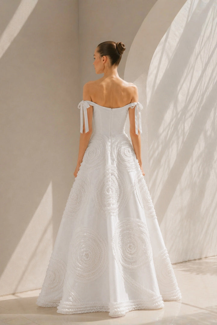 Ivory Off-Shoulder Floral Appliqué Gown