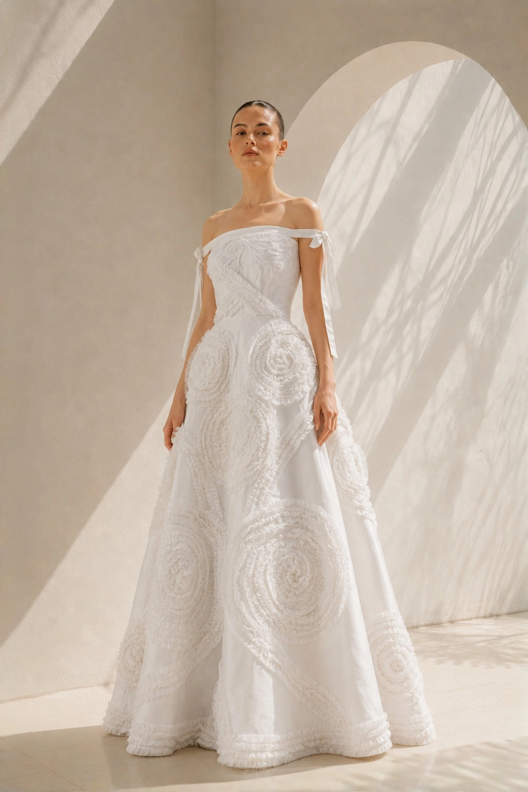 Ivory Off-Shoulder Floral Appliqué Gown