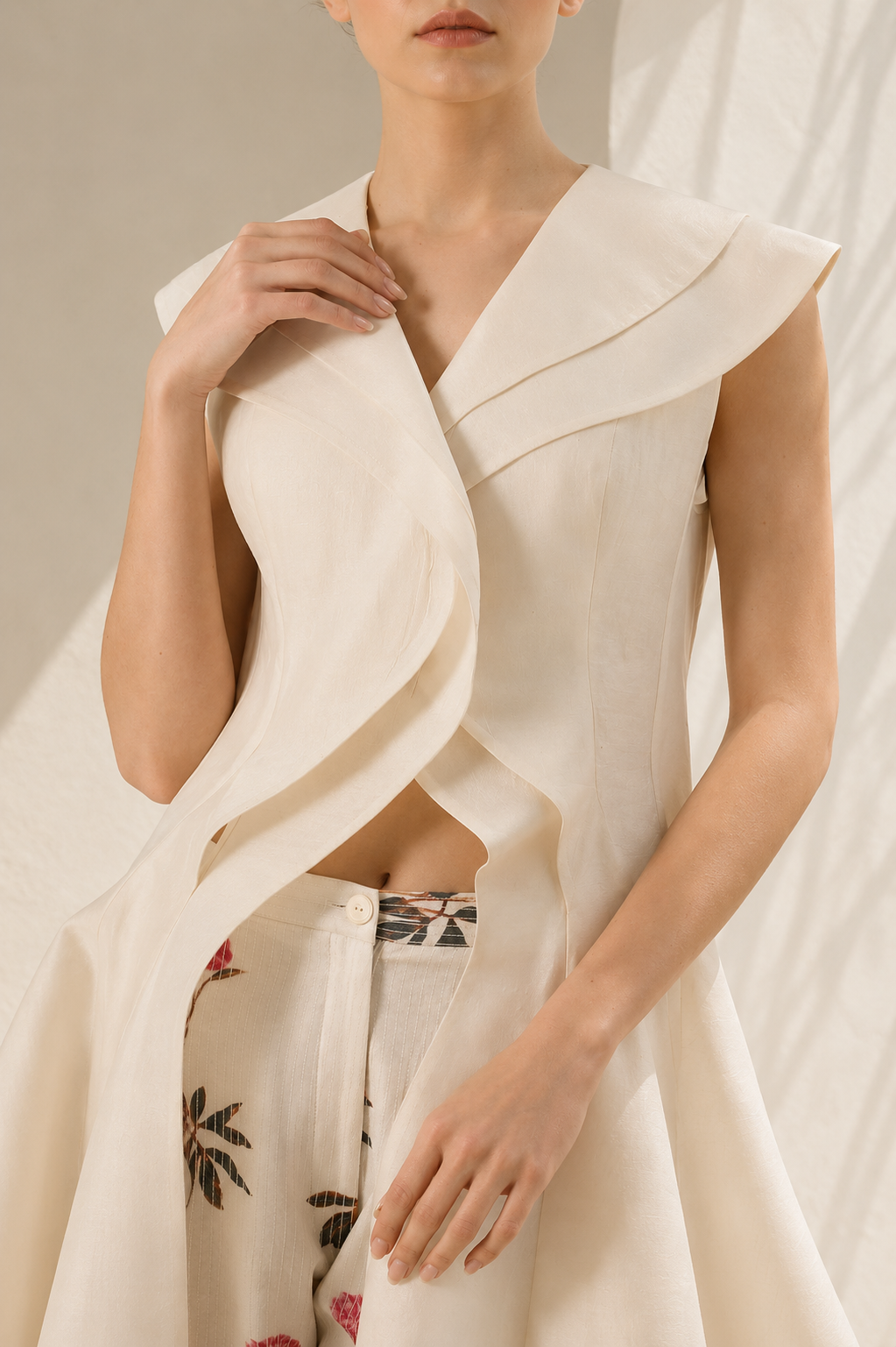 Ivory paneled jacket with printed pants