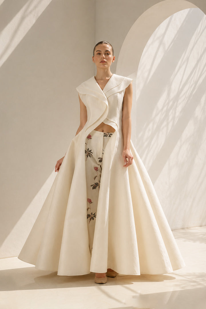 Ivory paneled jacket with printed pants
