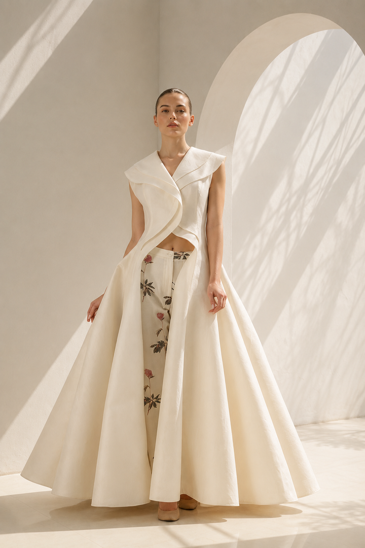 Ivory paneled jacket with printed pants