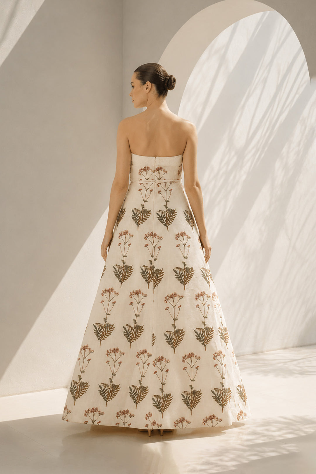 Ivory floral digital printed bustier gown