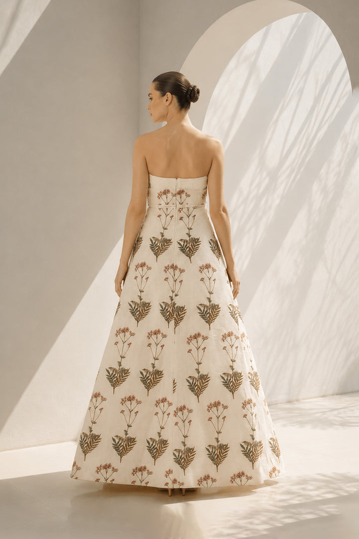 Ivory floral digital printed bustier gown