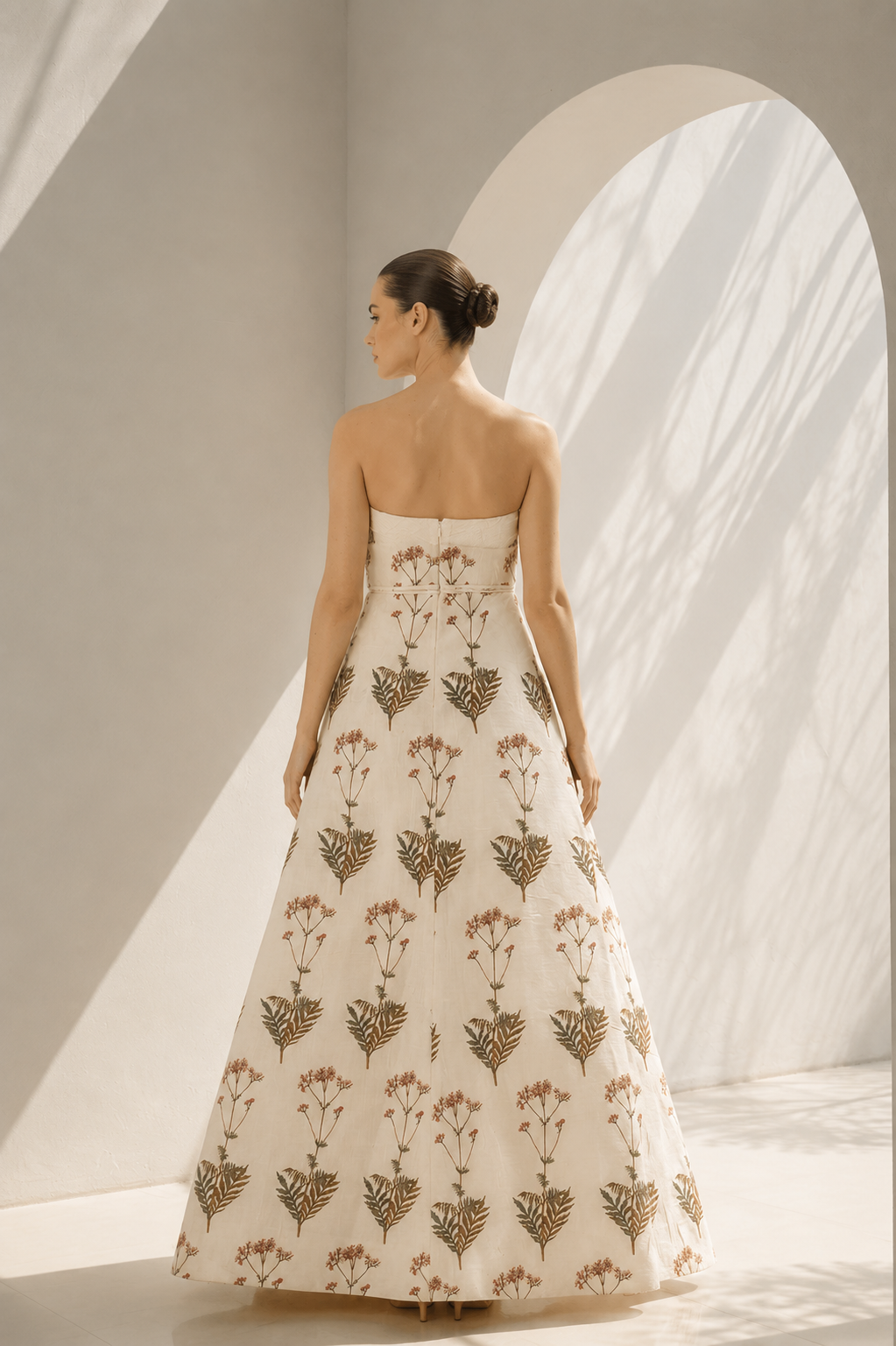 Ivory floral digital printed bustier gown