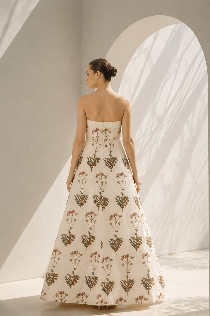 Ivory floral digital printed bustier gown