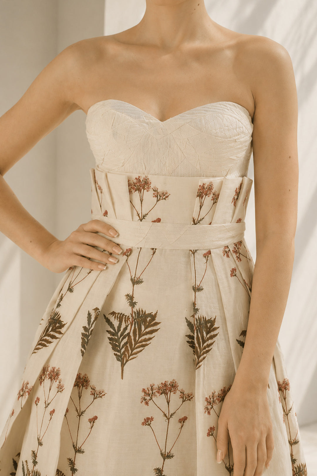 Ivory floral digital printed bustier gown